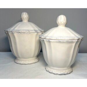 Royal Velvet White Ceramic Lidded Canister Set Of 2 With Textured Design & Elega